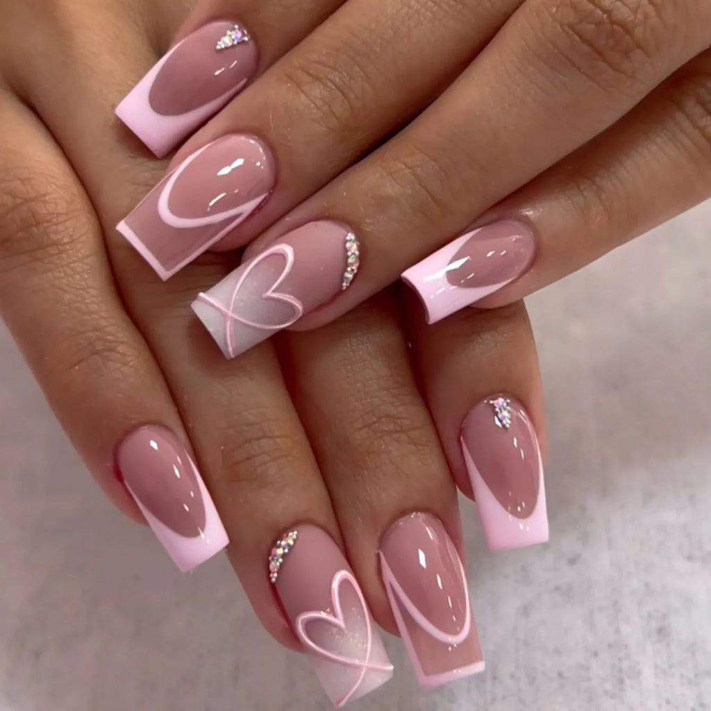 Pink Heart Print Fake Nails