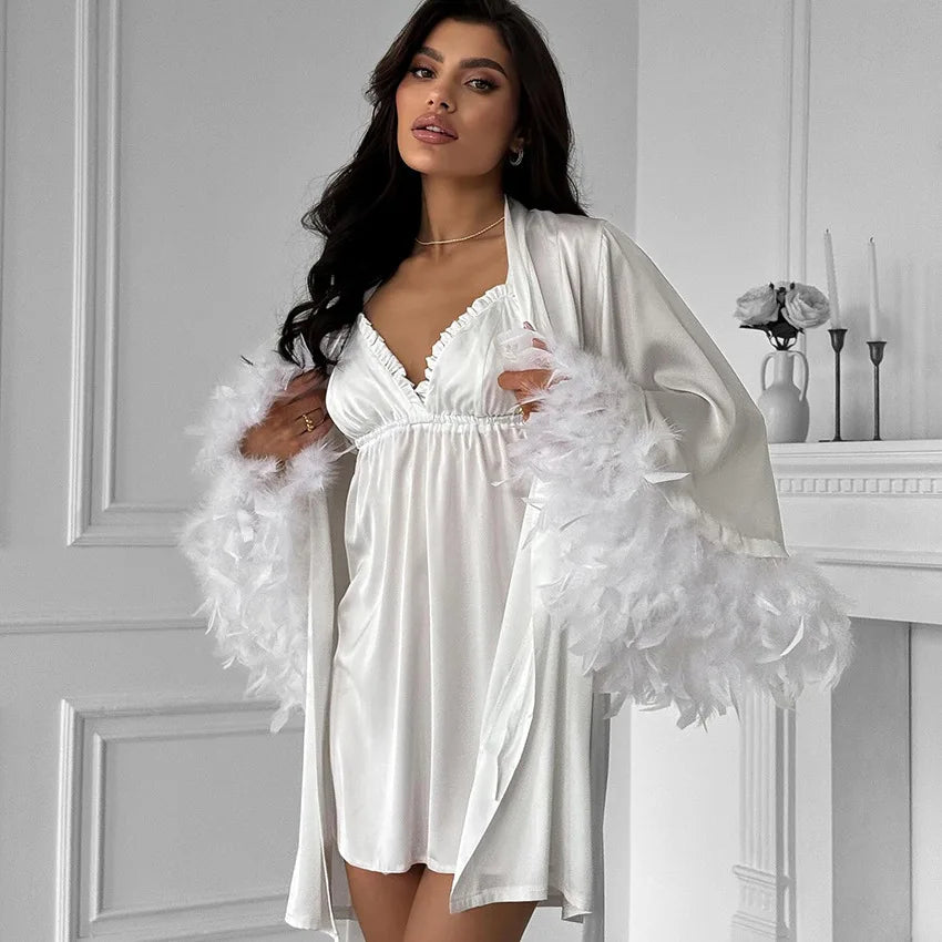Luxury Satin Sleepwear Set for Women – V-Neck Silk Robe & Slip Nightdress with Feather Trim (2-Piece)