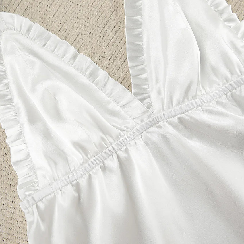 Luxury Satin Sleepwear Set for Women – V-Neck Silk Robe & Slip Nightdress with Feather Trim (2-Piece)