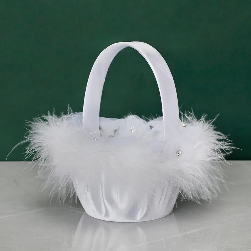 White Lace Pearl Flower Girl Basket