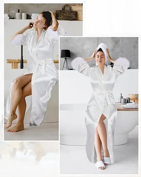 White Feather Trim Bridal Robe