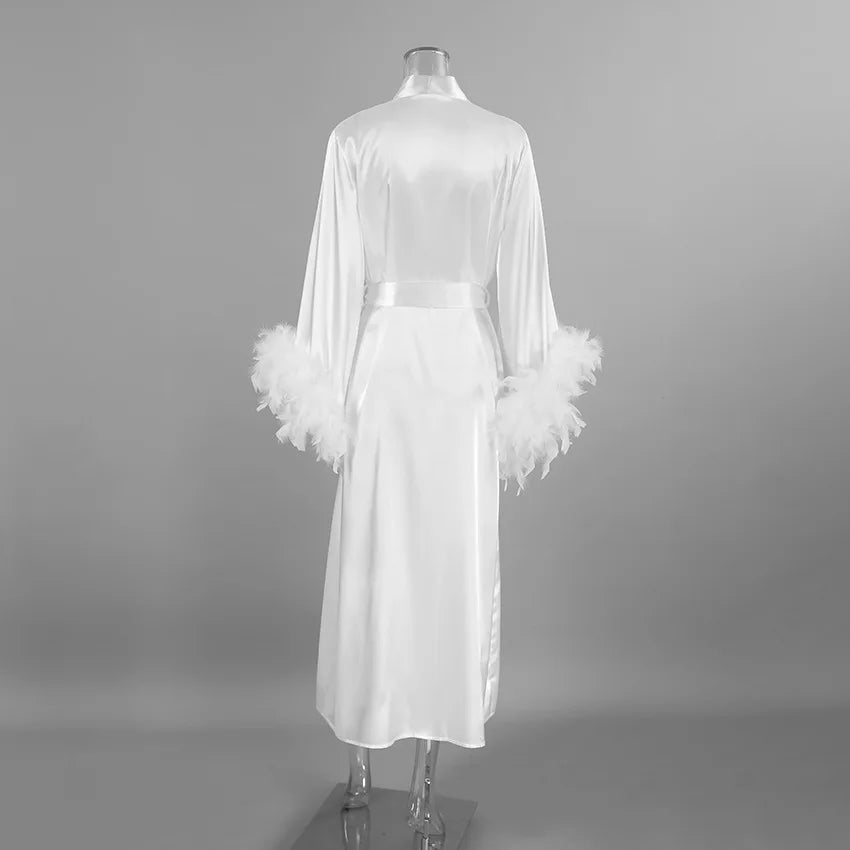 Feather Trim Bridal Kimono Robe