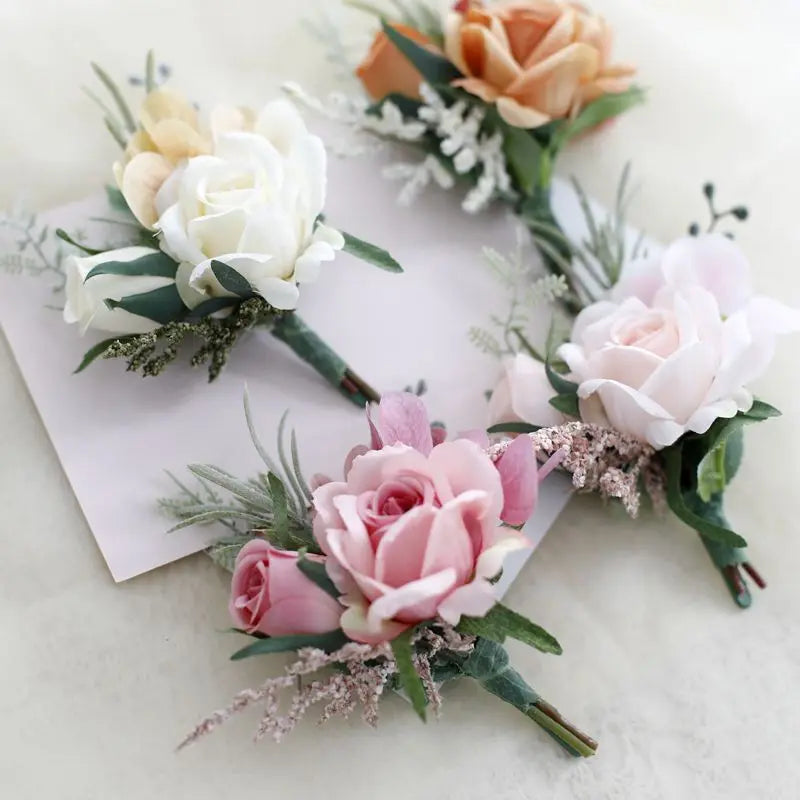 Beige & White Silk Rose Boutonniere