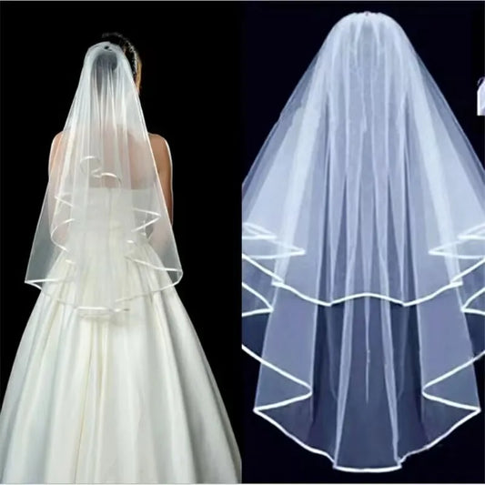 Two-Tier Ribbon Edge Wedding Veil – White or Ivory Center Cascade Bridal Veil with Comb