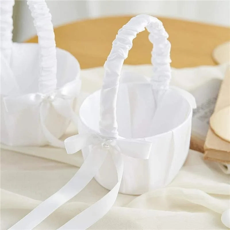 White Lace Pearl Flower Girl Basket