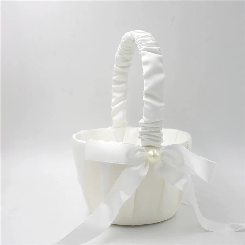 White Lace Pearl Flower Girl Basket
