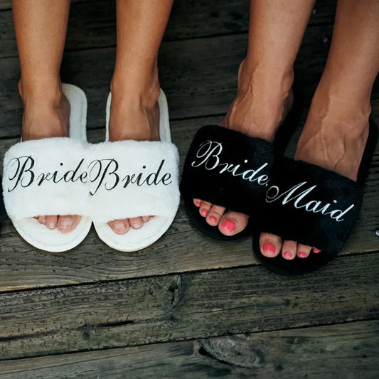 Fluffy Bridal Slippers – White & Black Wedding Day Bride & Bridesmaid Gift