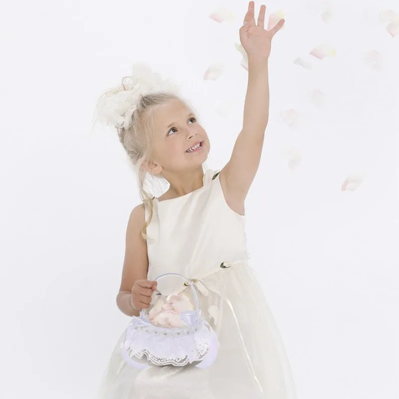 White Lace Pearl Flower Girl Basket