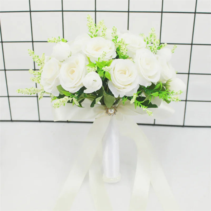 White Silk Rose Bridal Bouquet