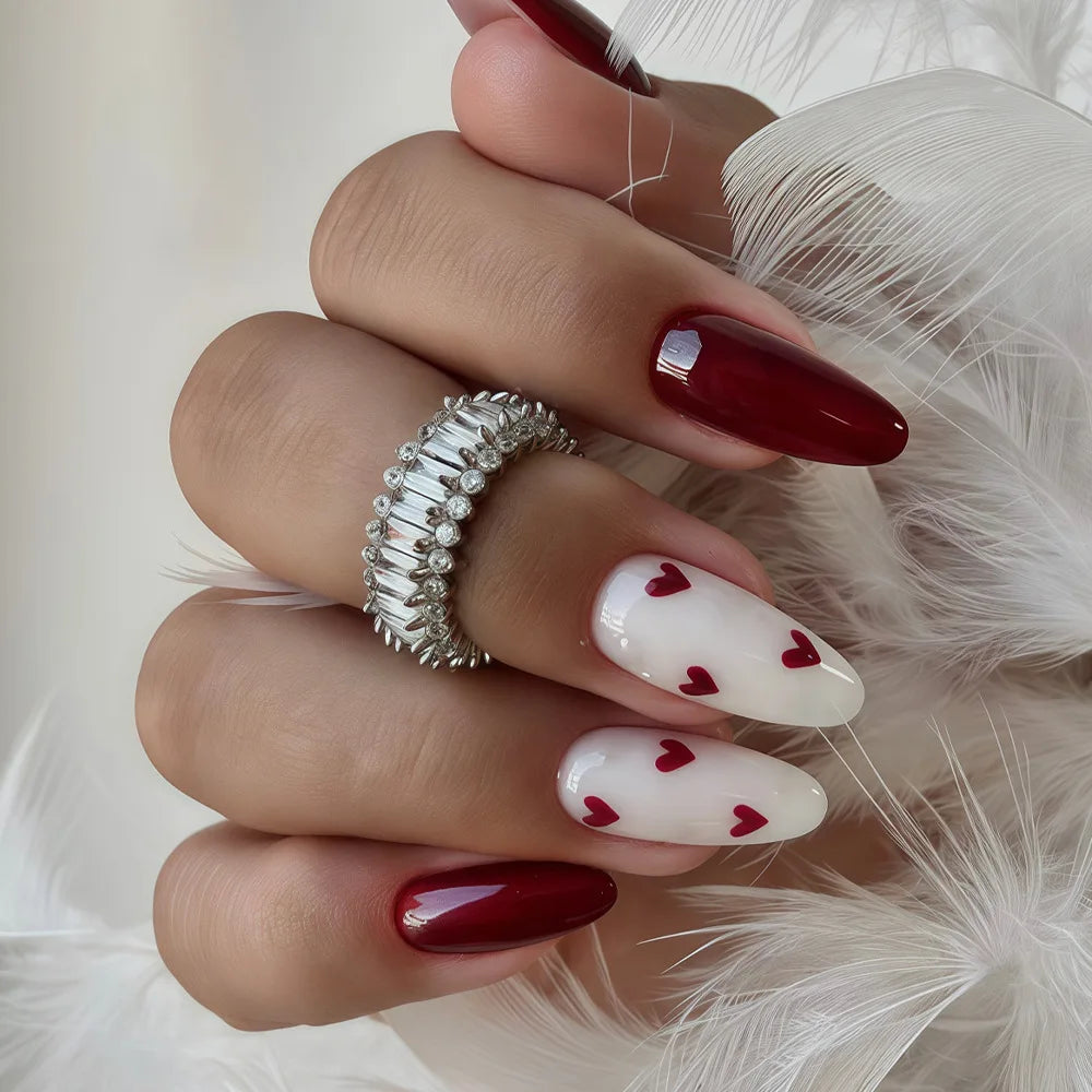 Pink Heart Print Fake Nails