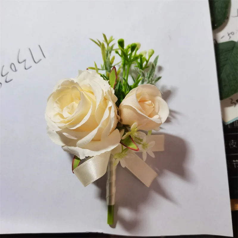 Beige & White Silk Rose Boutonniere