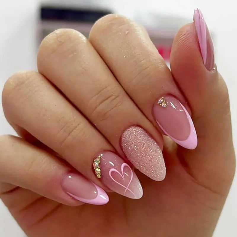 Pink Heart Print Fake Nails