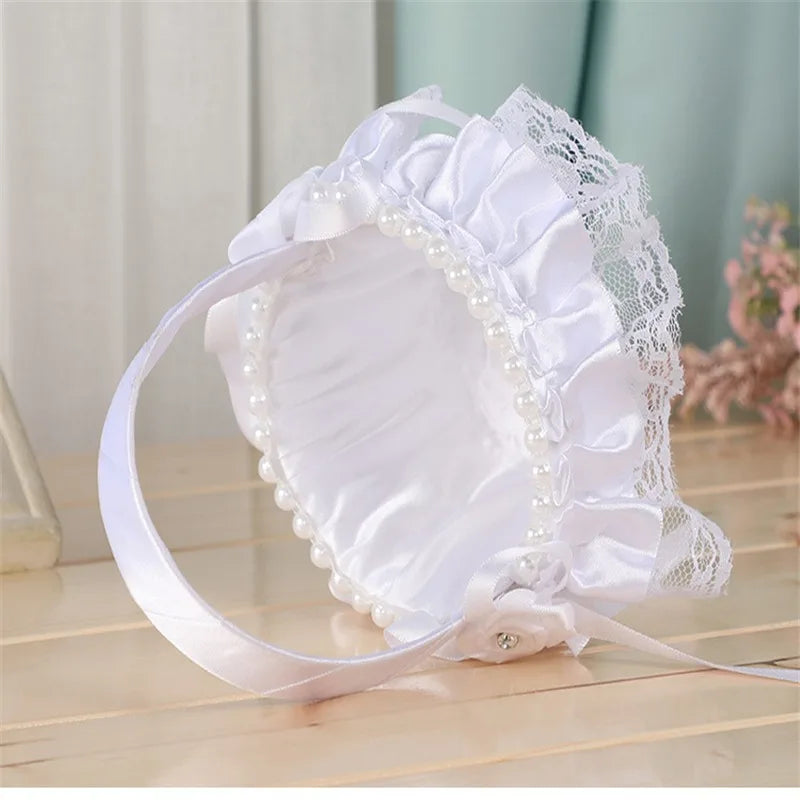 White Lace Pearl Flower Girl Basket