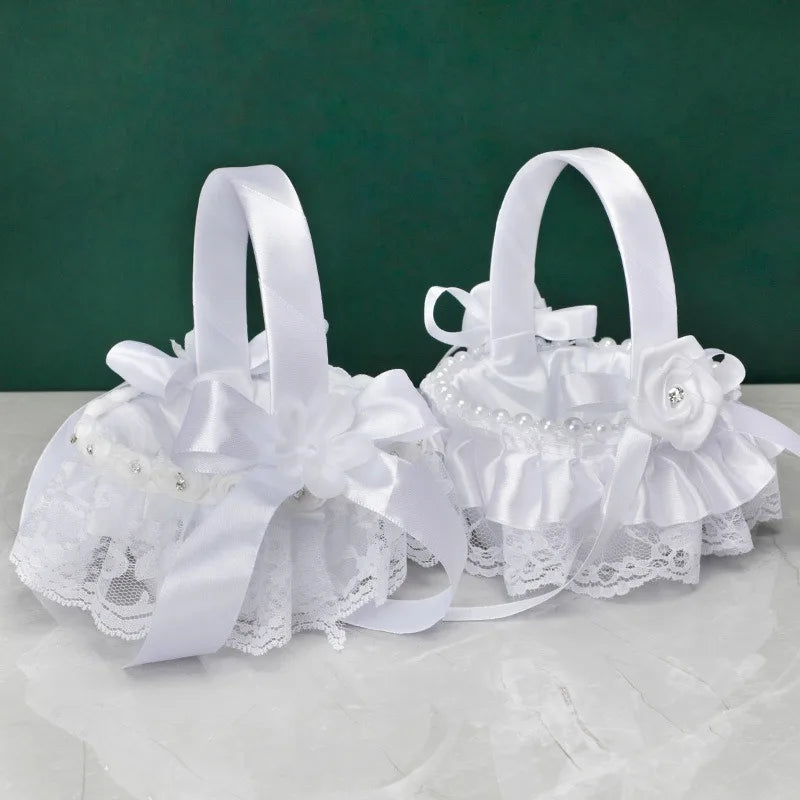White Lace Pearl Flower Girl Basket