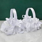 White Lace Pearl Flower Girl Basket