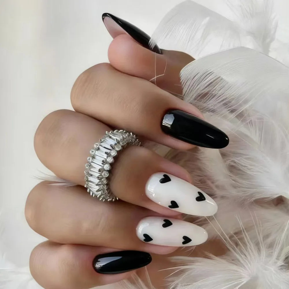 Pink Heart Print Fake Nails