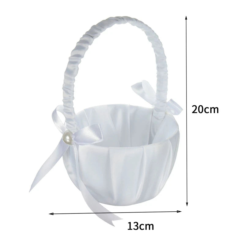 White Lace Pearl Flower Girl Basket