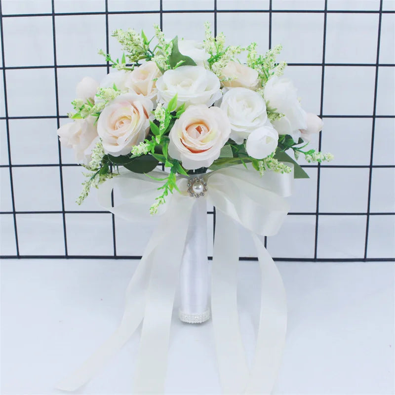White Silk Rose Bridal Bouquet