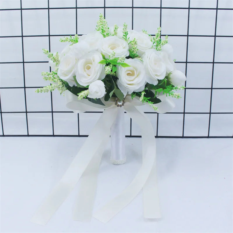 White Silk Rose Bridal Bouquet