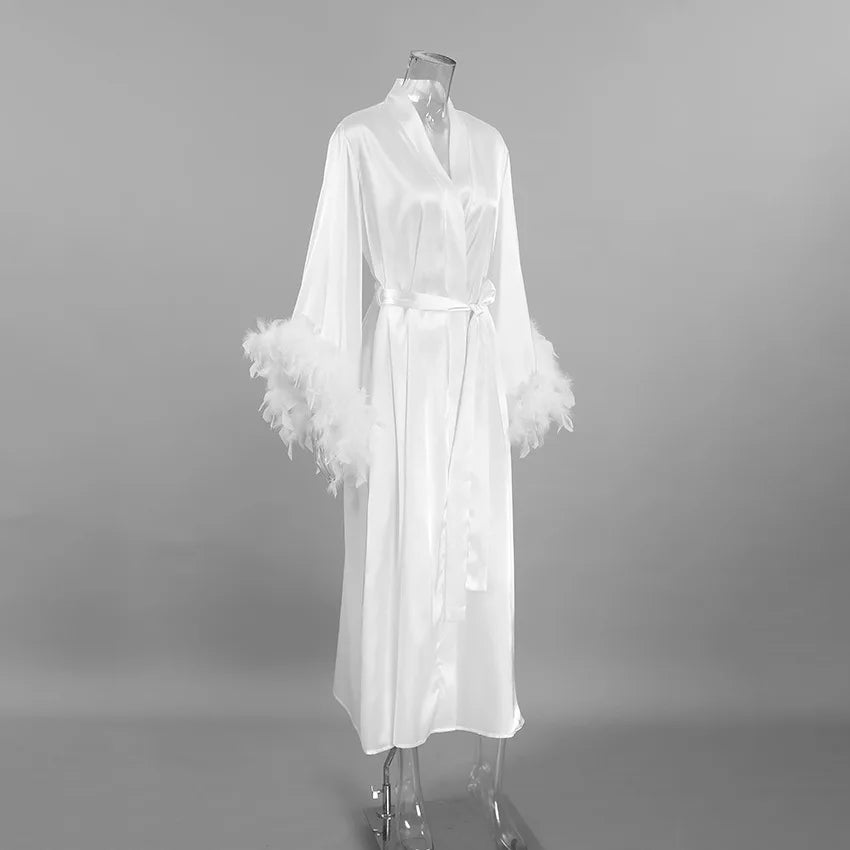 Feather Trim Bridal Kimono Robe