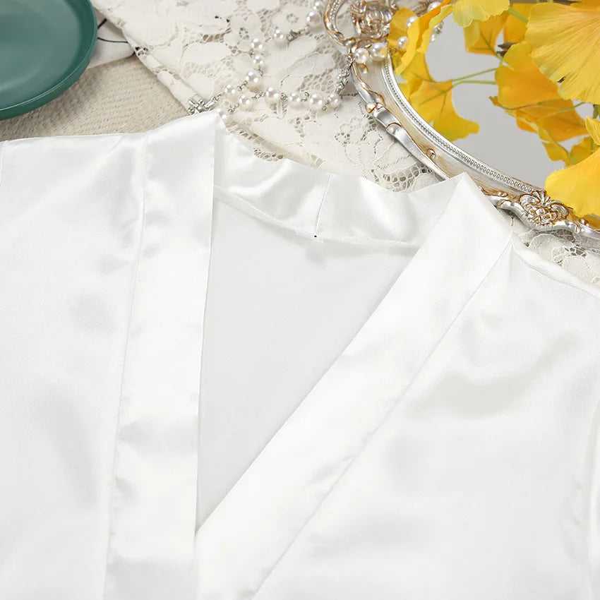 Luxury Satin Sleepwear Set for Women – V-Neck Silk Robe & Slip Nightdress with Feather Trim (2-Piece)