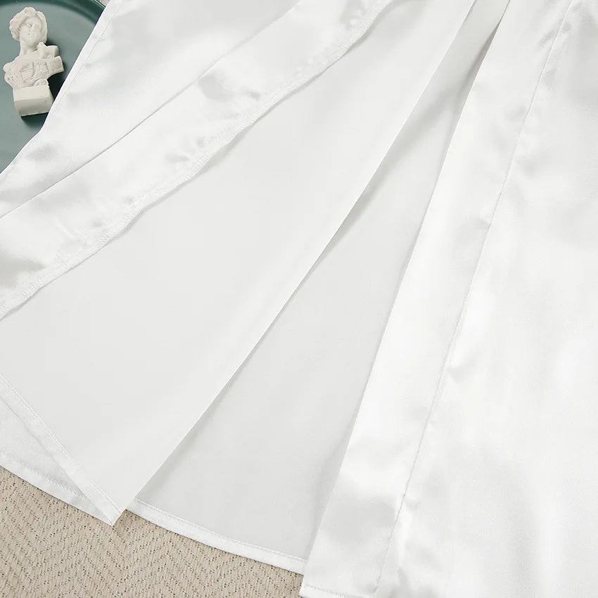 Luxury Satin Sleepwear Set for Women – V-Neck Silk Robe & Slip Nightdress with Feather Trim (2-Piece)