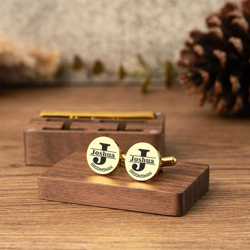 Personalized Groomsmen Cufflinks & Tie Clip Set