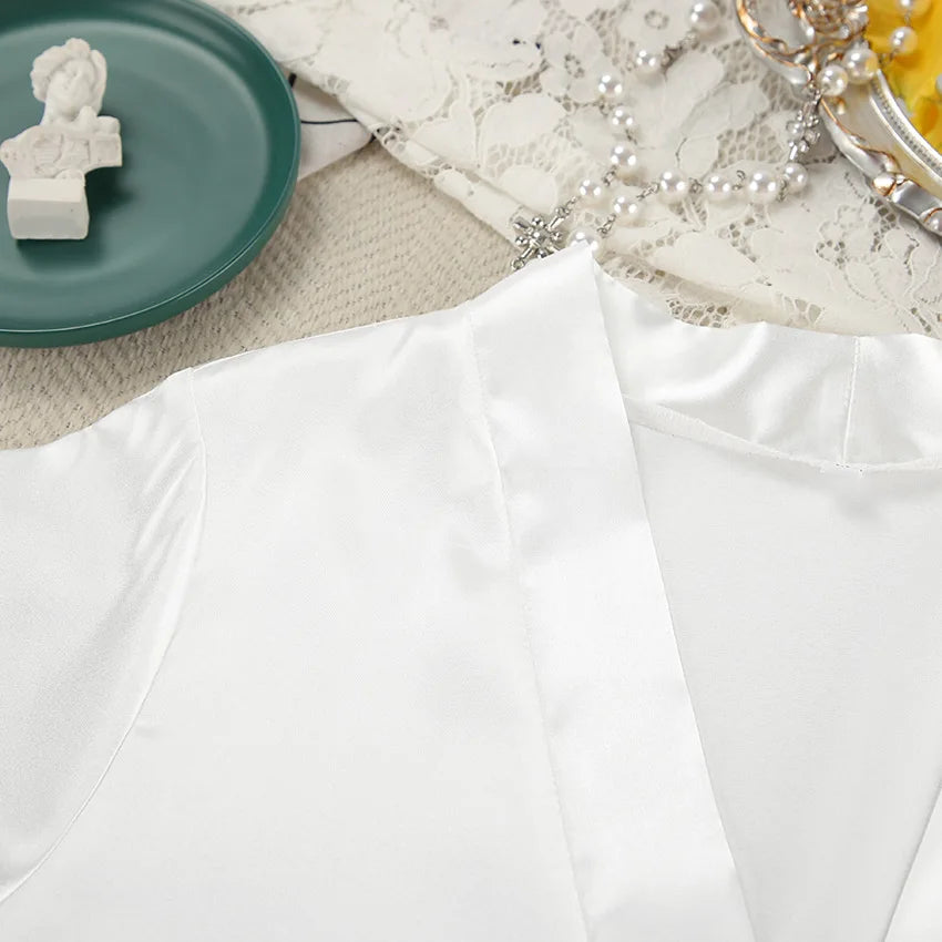 Luxury Satin Sleepwear Set for Women – V-Neck Silk Robe & Slip Nightdress with Feather Trim (2-Piece)