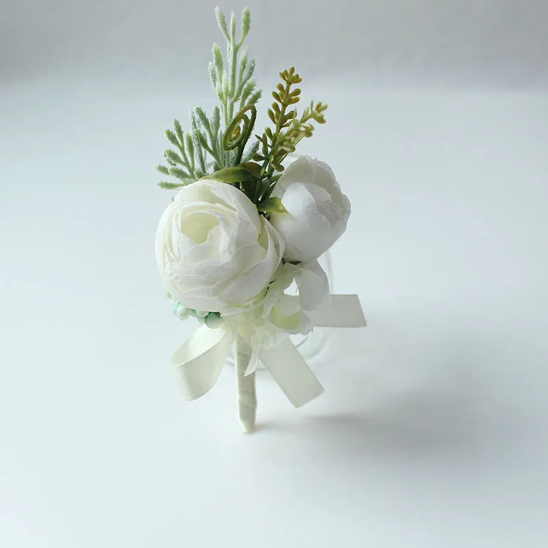 Beige & White Silk Rose Boutonniere