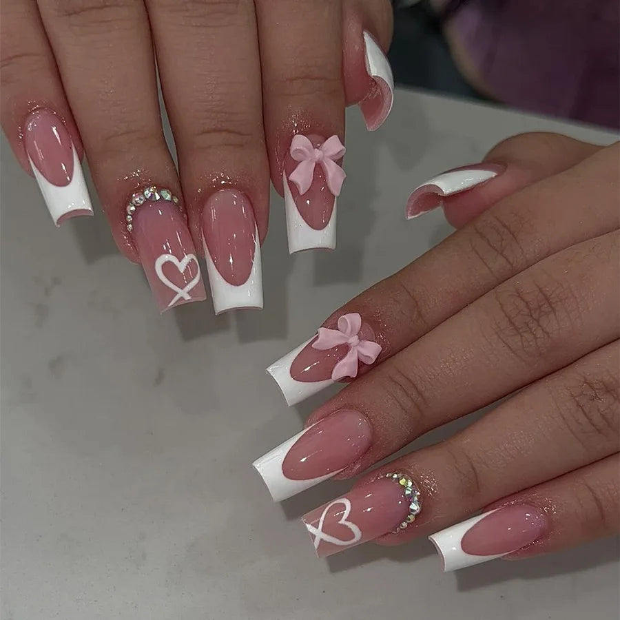 Pink Heart Print Fake Nails